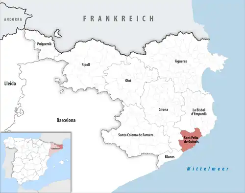 Die Lage des Gerichtsbezirk Sant Feliu de Guíxols in der Provinz Girona