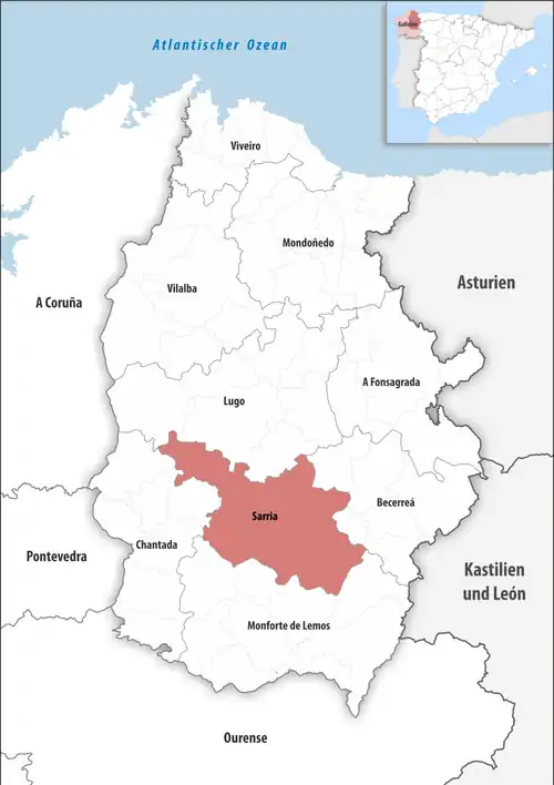 Die Lage des Gerichtsbezirk Sarria in der Provinz Lugo