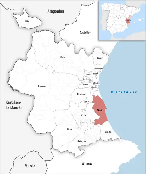 Die Lage des Gerichtsbezirk Sueca in der Provinz Valencia