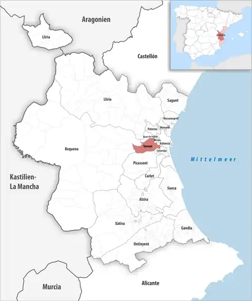 Die Lage des Gerichtsbezirk Torrent in der Provinz&nbsp;Valencia