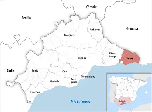 Die Lage des Gerichtsbezirk Torrox in der Provinz Málaga