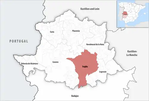 Die Lage des Gerichtsbezirk Trujillo in der Provinz Cáceres