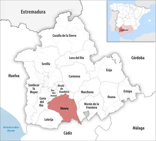 Die Lage des Gerichtsbezirk Utrera in der Provinz&nbsp;Sevilla