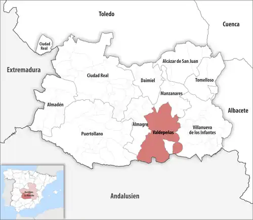 Die Lage des Gerichtsbezirk Valdepeñas in der Provinz Ciudad Real