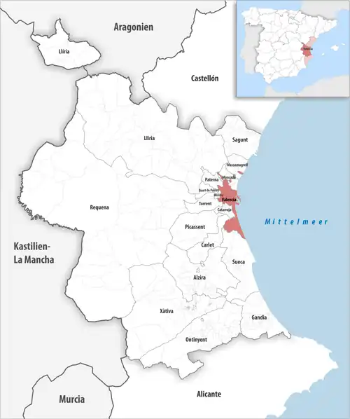 Die Lage des Gerichtsbezirk Valencia in der Provinz&nbsp;Valencia