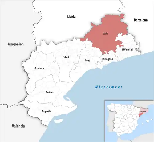 Die Lage des Gerichtsbezirk Valls in der Provinz&nbsp;Tarragona
