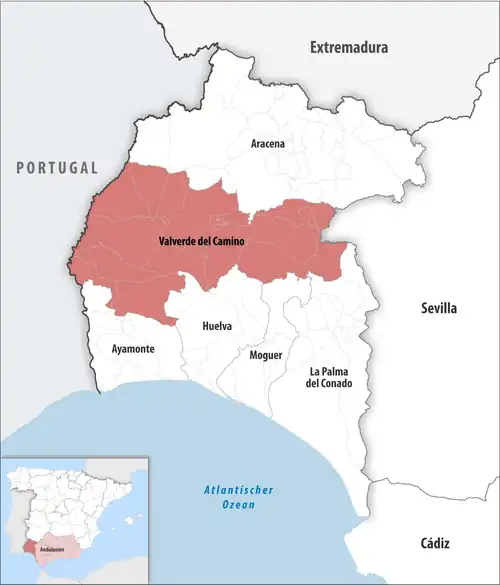 Die Lage des Gerichtsbezirk Valverde del Camino in der Provinz&nbsp;Huelva