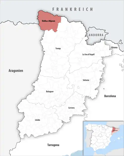 Die Lage des Gerichtsbezirk Vielha e Mijaran in der Provinz&nbsp;Lleida
