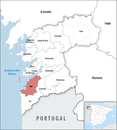 Die Lage des Gerichtsbezirk Vigo in der Provinz&nbsp;Pontevedra