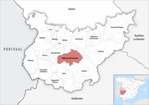 Die Lage des Gerichtsbezirk Villafranca de los Barros in der Provinz&nbsp;Badajoz