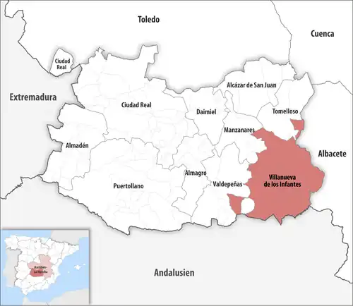 Die Lage des Gerichtsbezirk Villanueva de los Infantes in der Provinz&nbsp;Ciudad Real