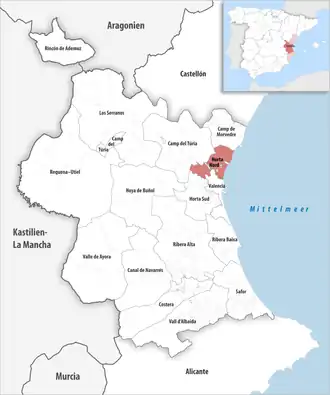 Die Lage der Comarca Horta Nord in der Provinz Valencia