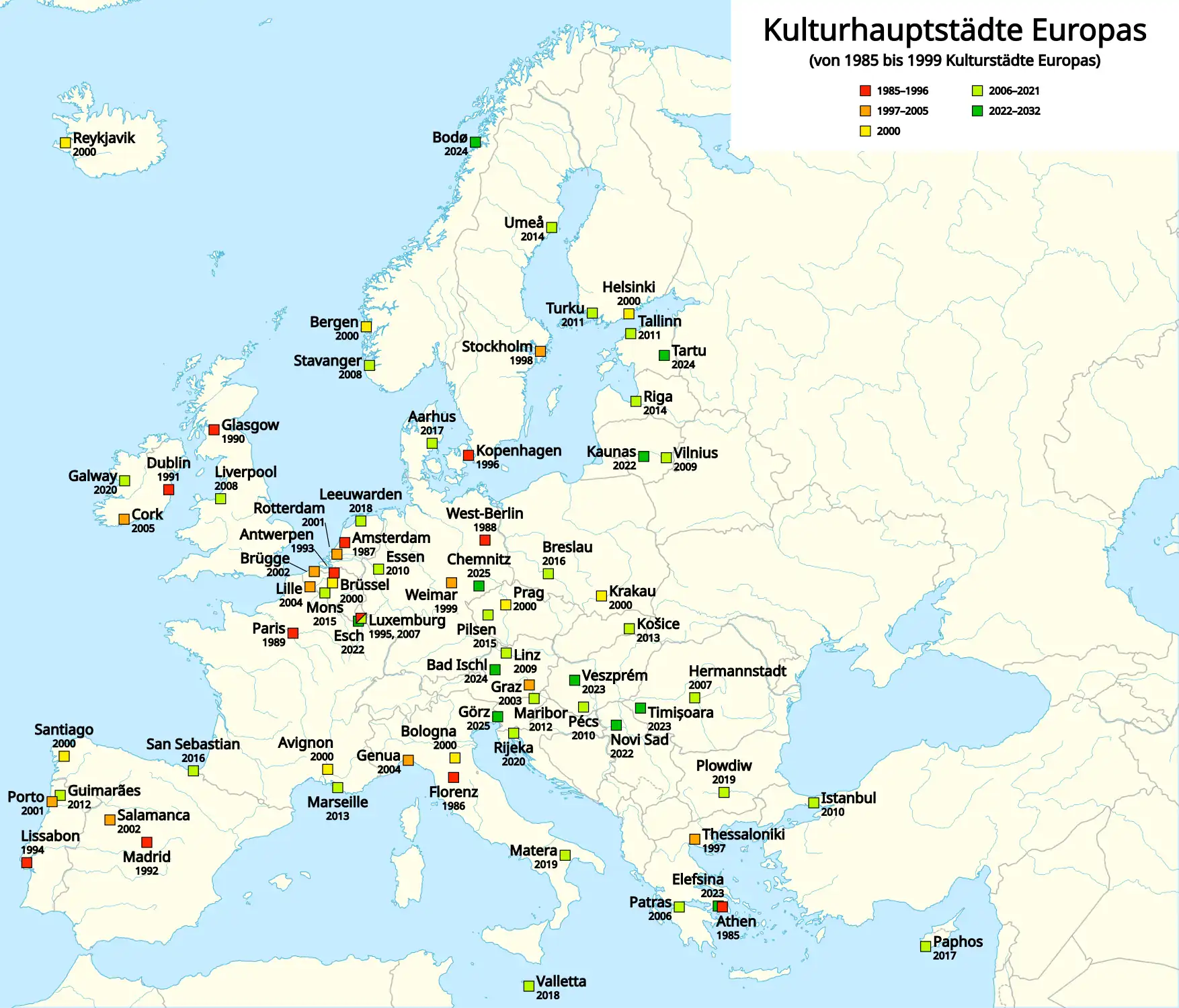 Karte der Kulturhauptstädte Europas (Stand 2025)