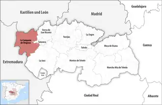 Die Lage der Comarca La Campana de Oropesa in der Provinz Toledo