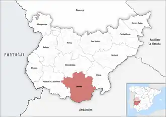 Die Lage der Comarca Llerena in der Provinz Badajoz