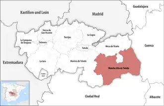 Die Lage der Comarca Mancha Alta de Toledo in der Provinz Toledo