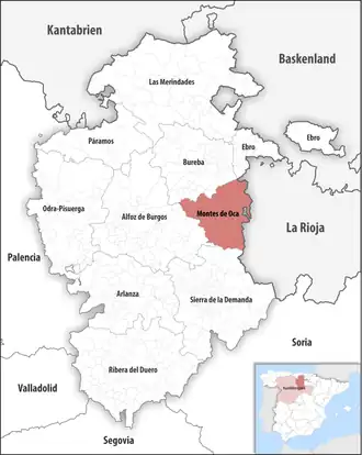 Die Lage der Comarca Montes de Oca in der Provinz Burgos