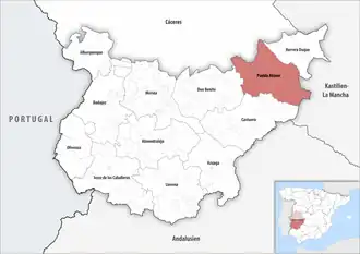 Die Lage der Comarca Puebla Alcocer in der Provinz Badajoz