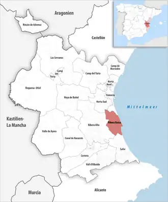 Die Lage der Comarca Ribera Baixa in der Provinz Valencia