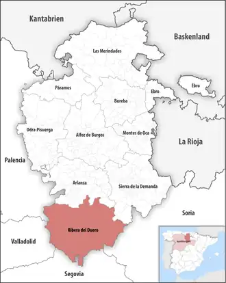 Die Lage der Comarca Ribera del Duero in der Provinz Burgos