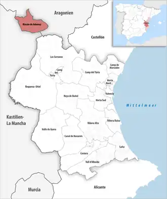 Die Lage der Comarca Rincón de Ademuz in der Provinz Valencia