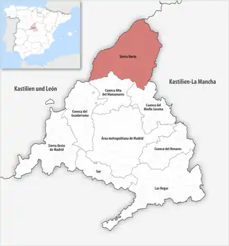 Die Lage der Comarca Sierra Norte in der autonomen&nbsp;Gemeinschaft&nbsp;Madrid