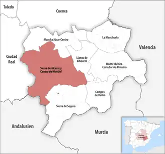 Die Lage der Comarca Sierra de Alcaraz y Campo de Montiel in der Provinz Albacete