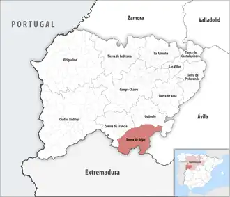 Die Lage der Comarca Sierra de Béjar in der Provinz Salamanca