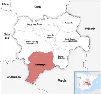 Die Lage der Comarca Sierra de Segura in der Provinz Albacete