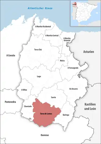 Die Lage der Comarca Terra de Lemos in der Provinz Lugo