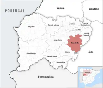 Die Lage der Comarca Tierra de Alba in der Provinz Salamanca