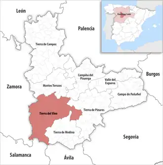 Die Lage der Comarca Tierra del Vino in der Provinz Valladolid