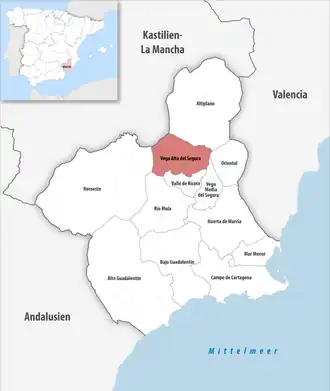 Die Lage der Comarca Vega Alta del Segura in der autonomen Gemeinschaft Murcia