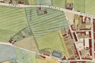 Zwei Windmühlen in der Mörken Straße und Langen Balken um 1836.