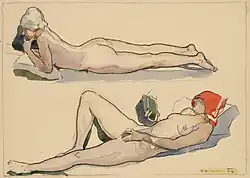 Aktstudien, eh. dat. 20. VIII. 1919, Kohle, Aquarell auf Zeichenkarton, 21,2 × 29,3 cm, Kunstsammlung und Archiv, Universität für angewandte Kunst Wien, Inv. Nr. 19.498.