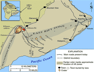 Lage des Kīlauea, schematischer Überblick mit Caldera und Riftzonen