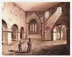 Innenansicht mit Hegemer Chörli, 1836. Die Fenster darüber waren vergrössert worden; nach dem Abbruch der Grabkapelle 1877 wurden sie wieder zurückgebaut. Ludwig Schulthess