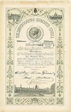 Aktie der A/S Kjøbenhavns Sommer-Tivoli über 500 Kronen, ausgestellt im November 1918 in Kopenhagen, mit Unterschrift des dänischen Architekten Knud Arne Petersen, Tivoli-Direktor von 1899 bis 1940. In der kreisrunden Vignette Büste des Tivoli-Gründers Georg Carstensen.
