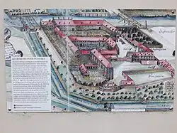 Infotafel mit Zeichnung des Klosters von 1742