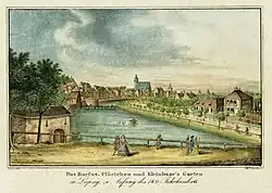 Der Kleinbosische Garten (rechts), in der Mitte der Stadtgraben