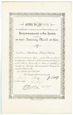 Namensaktie der Kleinkinderbewahranstalt zu Gau-Algesheim vom 1. Oktober 1881.