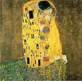 Quadrat: Gustav Klimt (1862–1918): Der Kuss, 180×180 cm.
