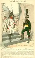 Frankfurter Truppen 1807 (links noch die alte weiße Uniform österreichischen Stils, rechts bereits die modernere französischer Art)
