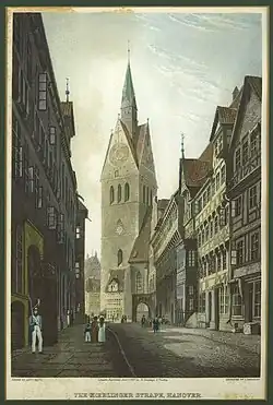 Köbelingerstraße 1827, rechts die 1844/45 für den „Dogenpalast“ ab­ge­ris­senen Häuser, Stich nach R. Batty