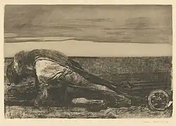 Die Pflüger, Blatt 1 aus dem Zyklus „Bauernkrieg“, 1907, Strichätzung, Kaltnadel, Aquatinta, Reservage, Schmirgel, Nadelbüschel und Vernis mou mit Durchdruck von Zieglerschem Umdruckpapier, Kn 99