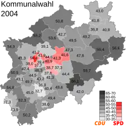 Wähleranteil der stärksten Partei an den Kommunalwahlen 2004 in NRW