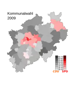 Wähleranteil der stärksten Partei an den Kommunalwahlen vom 7. Juni 2009 in NRW