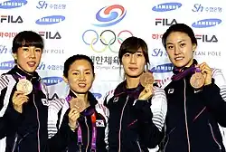 Das Florettteam der Frauen 2012 mit Bronze (v.&nbsp;l.&nbsp;n.&nbsp;r.): Jung Gil-ok, Nam Hyun-hee, Jeon Hee-sook, Oh Ha-na