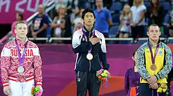 Siegerehrung im Pferdsprung 2012: in der Mitte Olympiasieger Yang Hak-seon