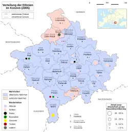 Geschätzte Bevölkerungsanteile der Serben im Kosovo (OSZE-Bericht 2005)